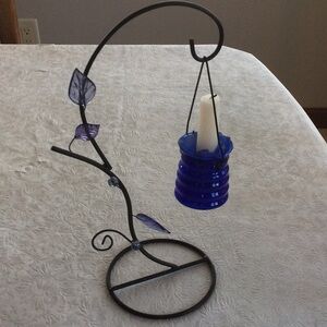 Blue Glass Candle Holder with Black Metal Stand
